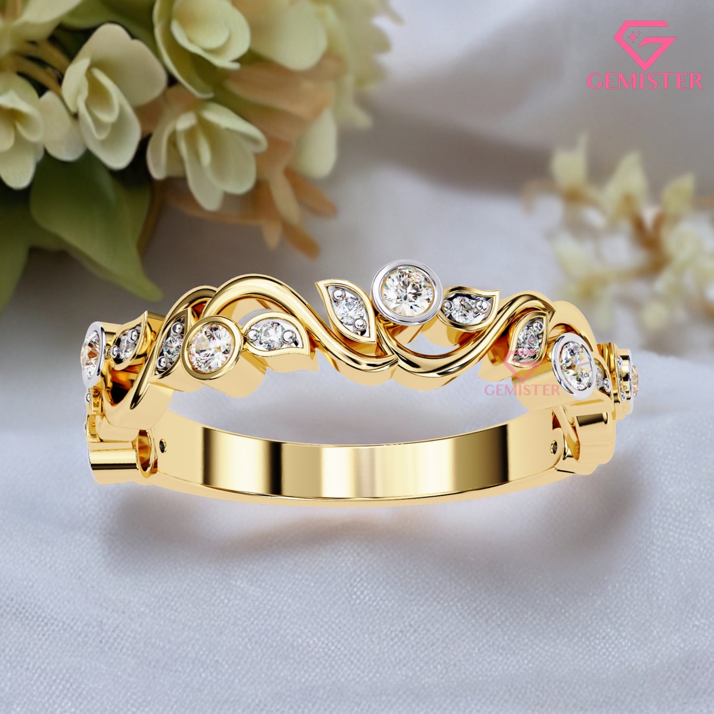 0.18 Ct Lab Grown Diamond Accent Vintage Band –  Unique Ring with Bezel & Leaf Design, Elegant Anniversary Band for Women
