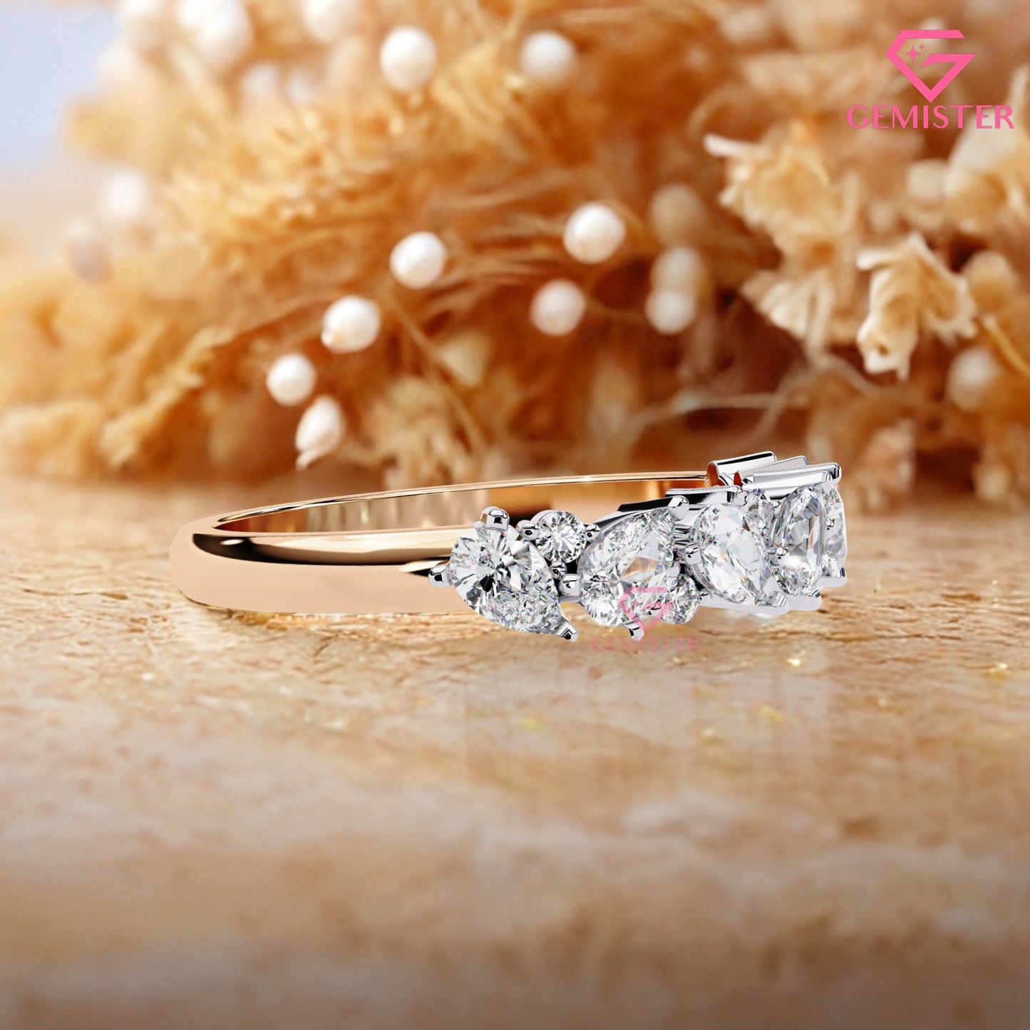 0.72 Ct Lab Grown Diamond Cluster Band Ring – Round & Pear Cut Multi-Stone Gold Ring, Elegant Wedding Band