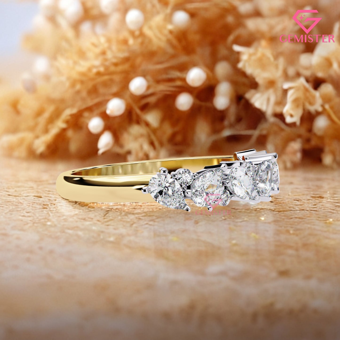 0.72 Ct Lab Grown Diamond Cluster Band Ring – Round & Pear Cut Multi-Stone Gold Ring, Elegant Wedding Band