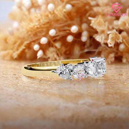 0.72 Ct Lab Grown Diamond Cluster Band Ring – Round & Pear Cut Multi-Stone Gold Ring, Elegant Wedding Band