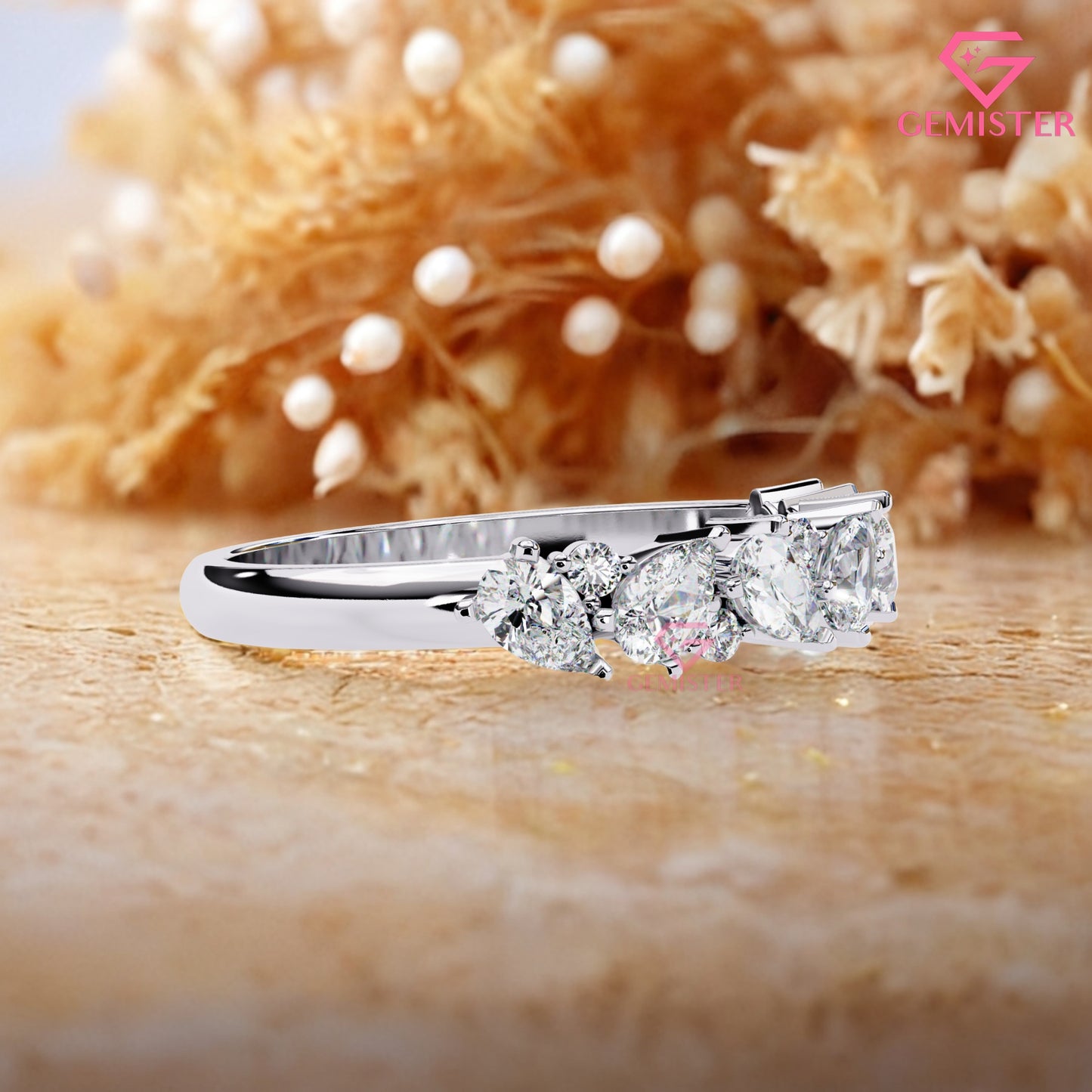 0.72 Ct Lab Grown Diamond Cluster Band Ring – Round & Pear Cut Multi-Stone Gold Ring, Elegant Wedding Band