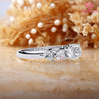 0.72 Ct Lab Grown Diamond Cluster Band Ring – Round & Pear Cut Multi-Stone Gold Ring, Elegant Wedding Band