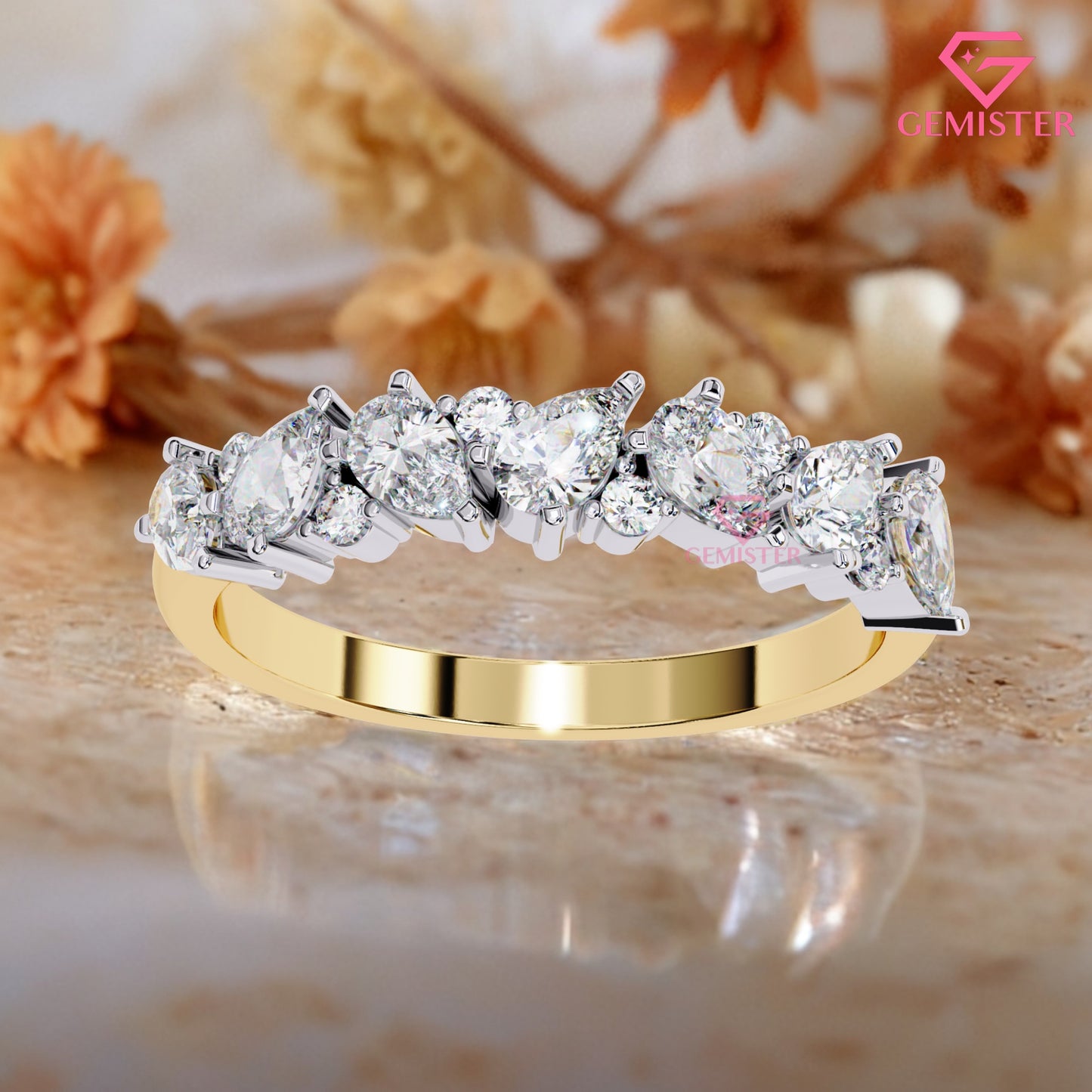 0.72 Ct Lab Grown Diamond Cluster Band Ring – Round & Pear Cut Multi-Stone Gold Ring, Elegant Wedding Band