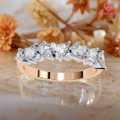 0.72 Ct Lab Grown Diamond Cluster Band Ring – Round & Pear Cut Multi-Stone Gold Ring, Elegant Wedding Band