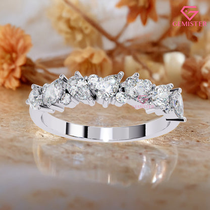 0.72 Ct Lab Grown Diamond Cluster Band Ring – Round & Pear Cut Multi-Stone Gold Ring, Elegant Wedding Band