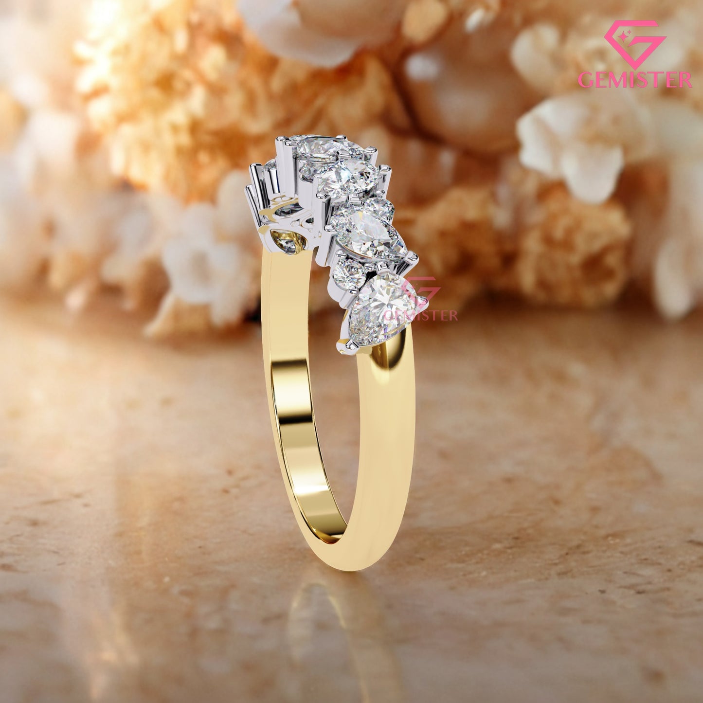 0.72 Ct Lab Grown Diamond Cluster Band Ring – Round & Pear Cut Multi-Stone Gold Ring, Elegant Wedding Band