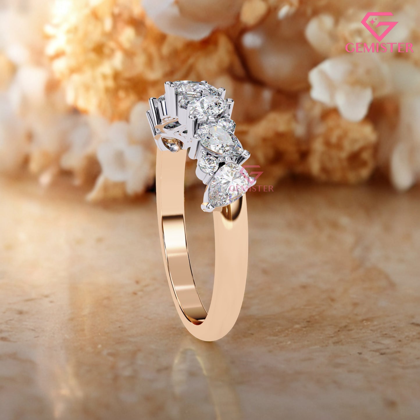 0.72 Ct Lab Grown Diamond Cluster Band Ring – Round & Pear Cut Multi-Stone Gold Ring, Elegant Wedding Band