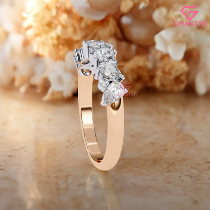 0.72 Ct Lab Grown Diamond Cluster Band Ring – Round & Pear Cut Multi-Stone Gold Ring, Elegant Wedding Band