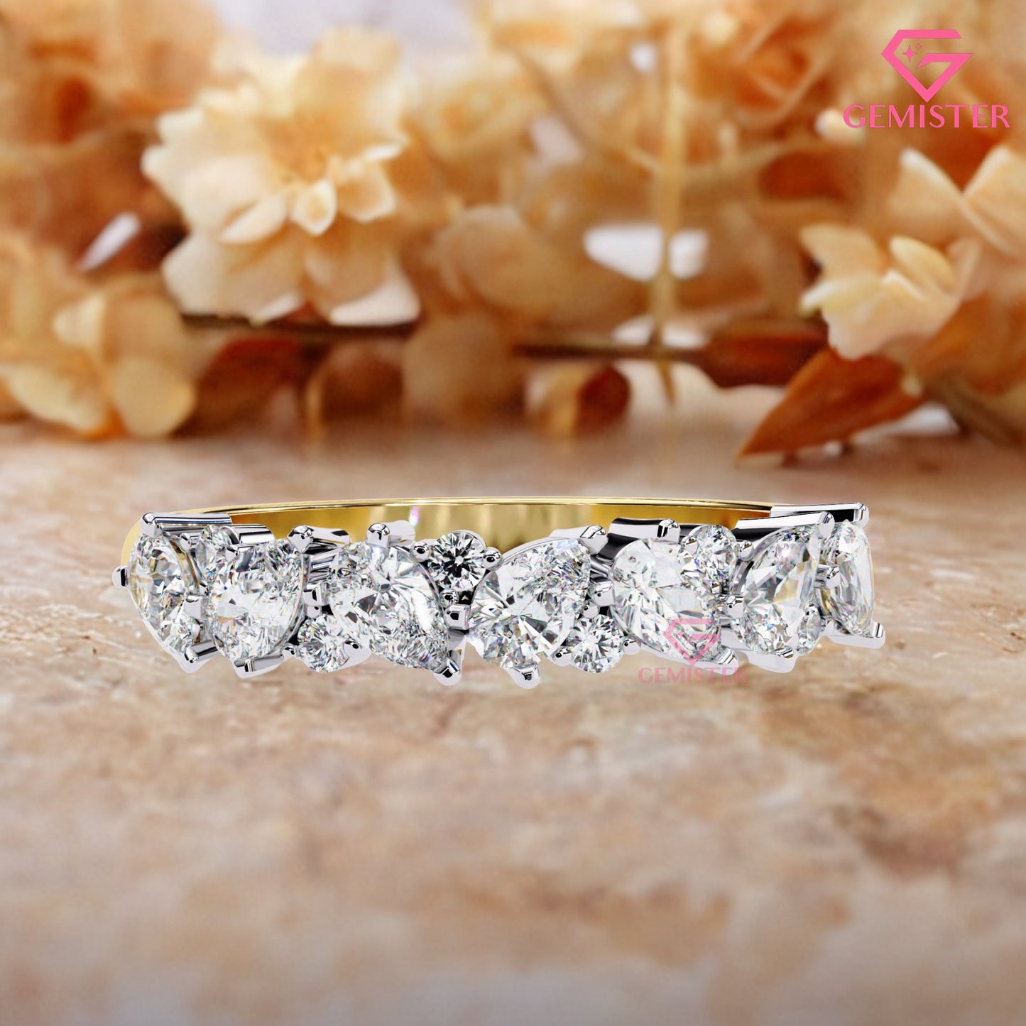 0.72 Ct Lab Grown Diamond Cluster Band Ring – Round & Pear Cut Multi-Stone Gold Ring, Elegant Wedding Band