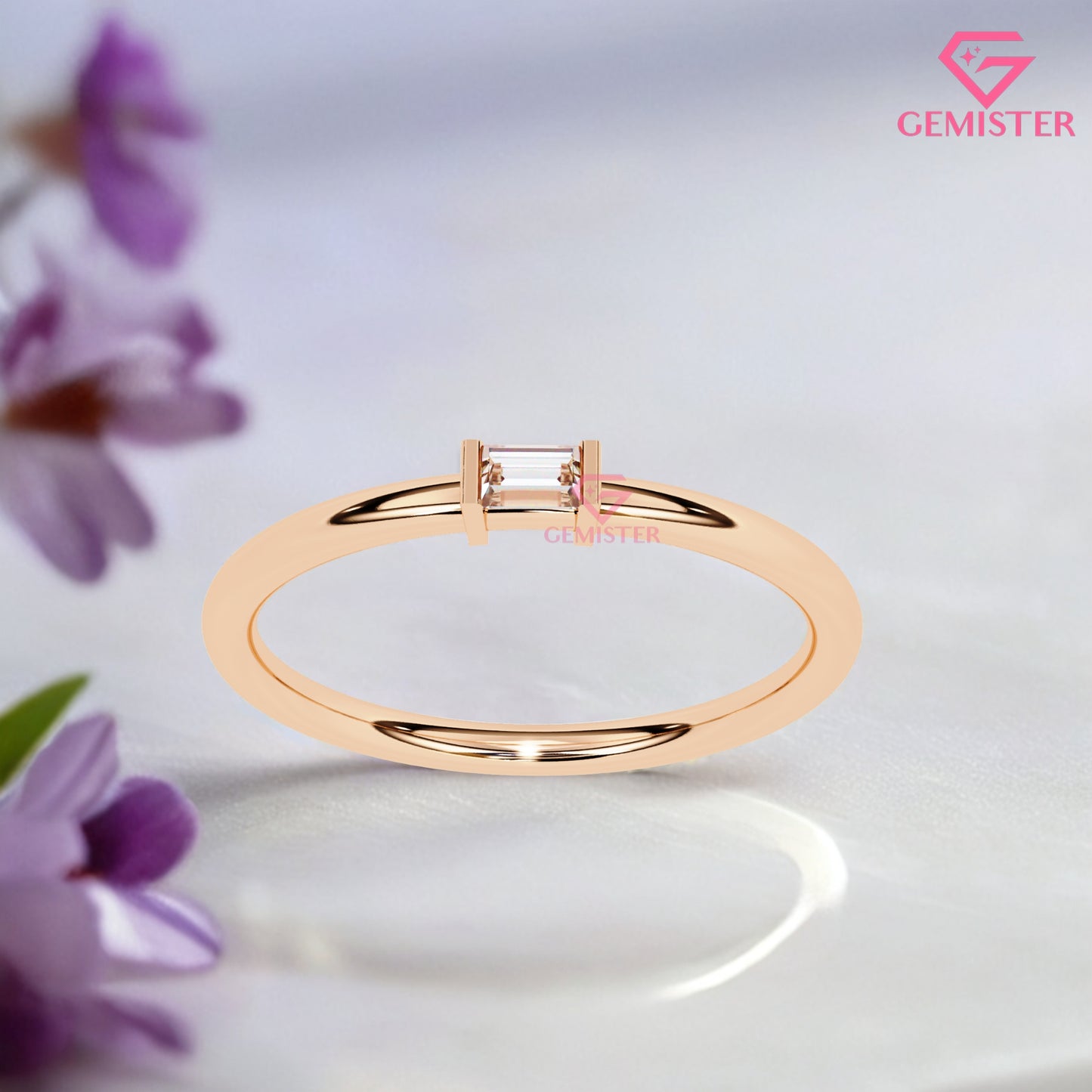 Baguette Diamond Solitaire Ring – 0.11 CT Moissanite Minimalist Gold Band, Dainty Promise Ring, Stacking or Engagement Jewelry