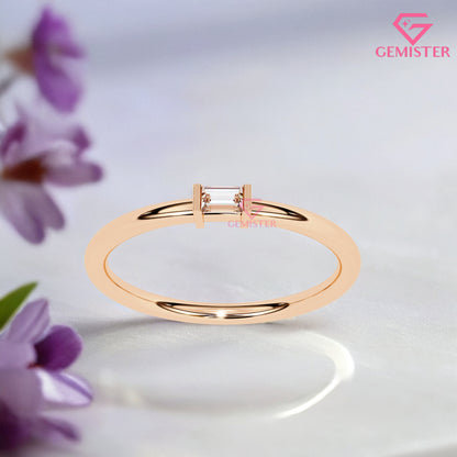 Baguette Diamond Solitaire Ring – 0.11 CT Moissanite Minimalist Gold Band, Dainty Promise Ring, Stacking or Engagement Jewelry
