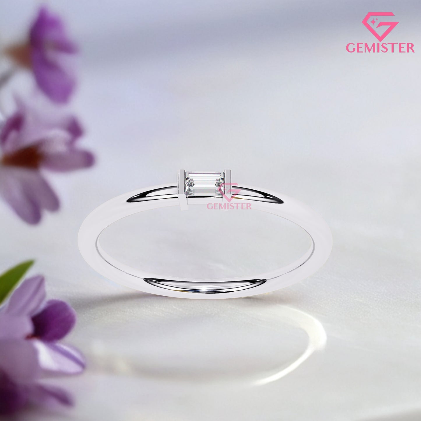 Baguette Diamond Solitaire Ring – 0.11 CT Moissanite Minimalist Gold Band, Dainty Promise Ring, Stacking or Engagement Jewelry