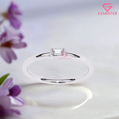 Baguette Diamond Solitaire Ring – 0.11 CT Moissanite Minimalist Gold Band, Dainty Promise Ring, Stacking or Engagement Jewelry