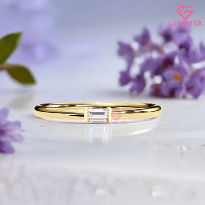 Baguette Diamond Solitaire Ring – 0.11 CT Moissanite Minimalist Gold Band, Dainty Promise Ring, Stacking or Engagement Jewelry