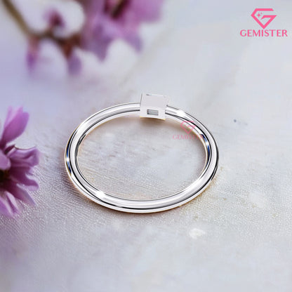 Baguette Diamond Solitaire Ring – 0.11 CT Moissanite Minimalist Gold Band, Dainty Promise Ring, Stacking or Engagement Jewelry