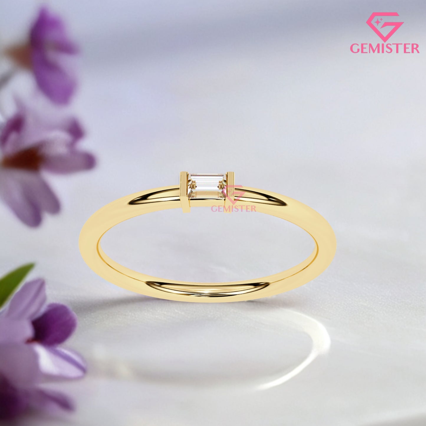 Baguette Diamond Solitaire Ring – 0.11 CT Moissanite Minimalist Gold Band, Dainty Promise Ring, Stacking or Engagement Jewelry