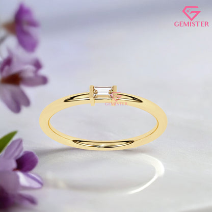 Baguette Diamond Solitaire Ring – 0.11 CT Moissanite Minimalist Gold Band, Dainty Promise Ring, Stacking or Engagement Jewelry