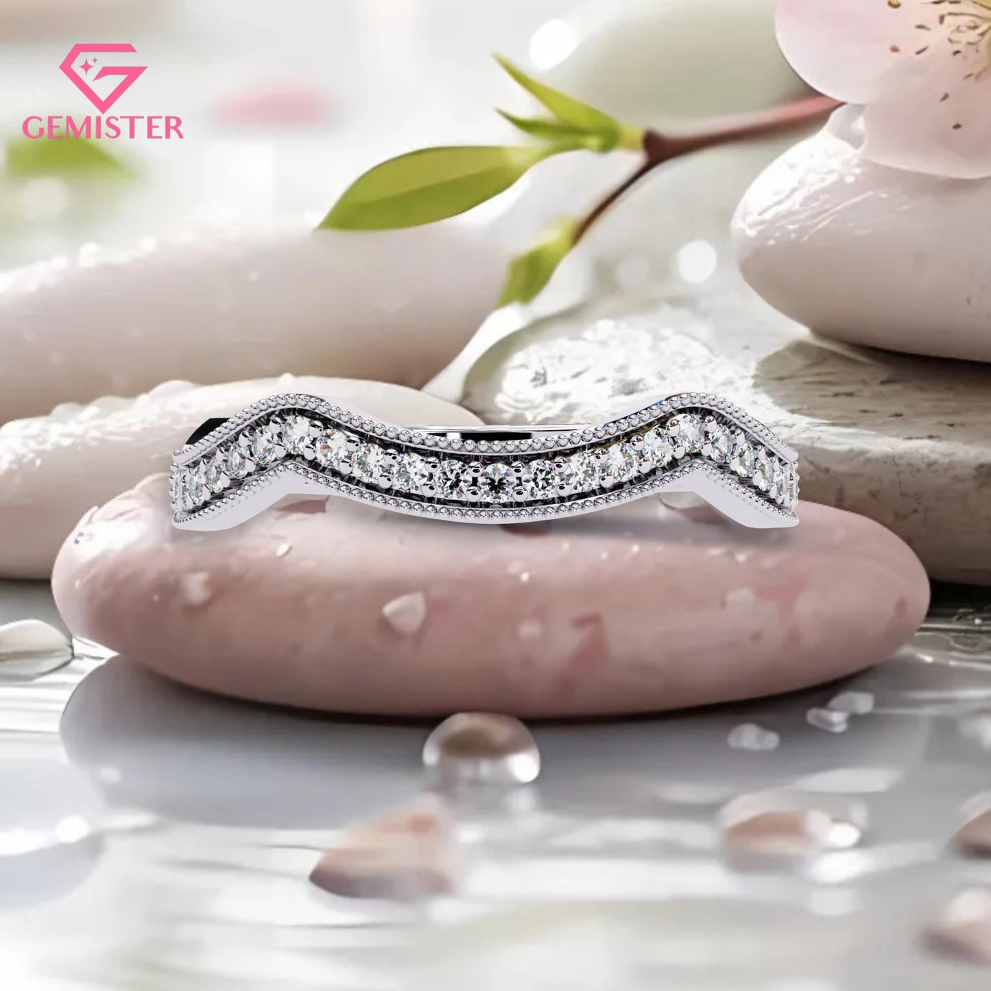 0.15 CT Moissanite Curved Wedding Band – Gold Milgrain Contour Stacking Bridal Band