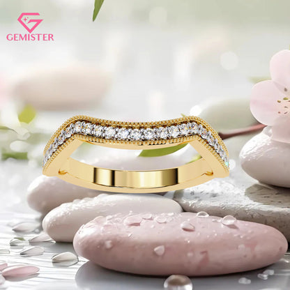 0.15 CT Moissanite Curved Wedding Band – Gold Milgrain Contour Stacking Bridal Band