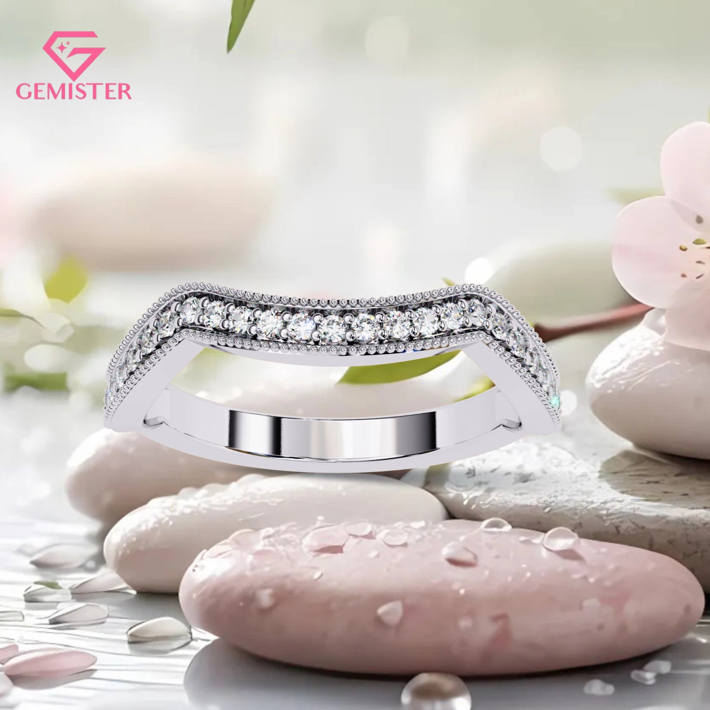 0.15 CT Moissanite Curved Wedding Band – Gold Milgrain Contour Stacking Bridal Band