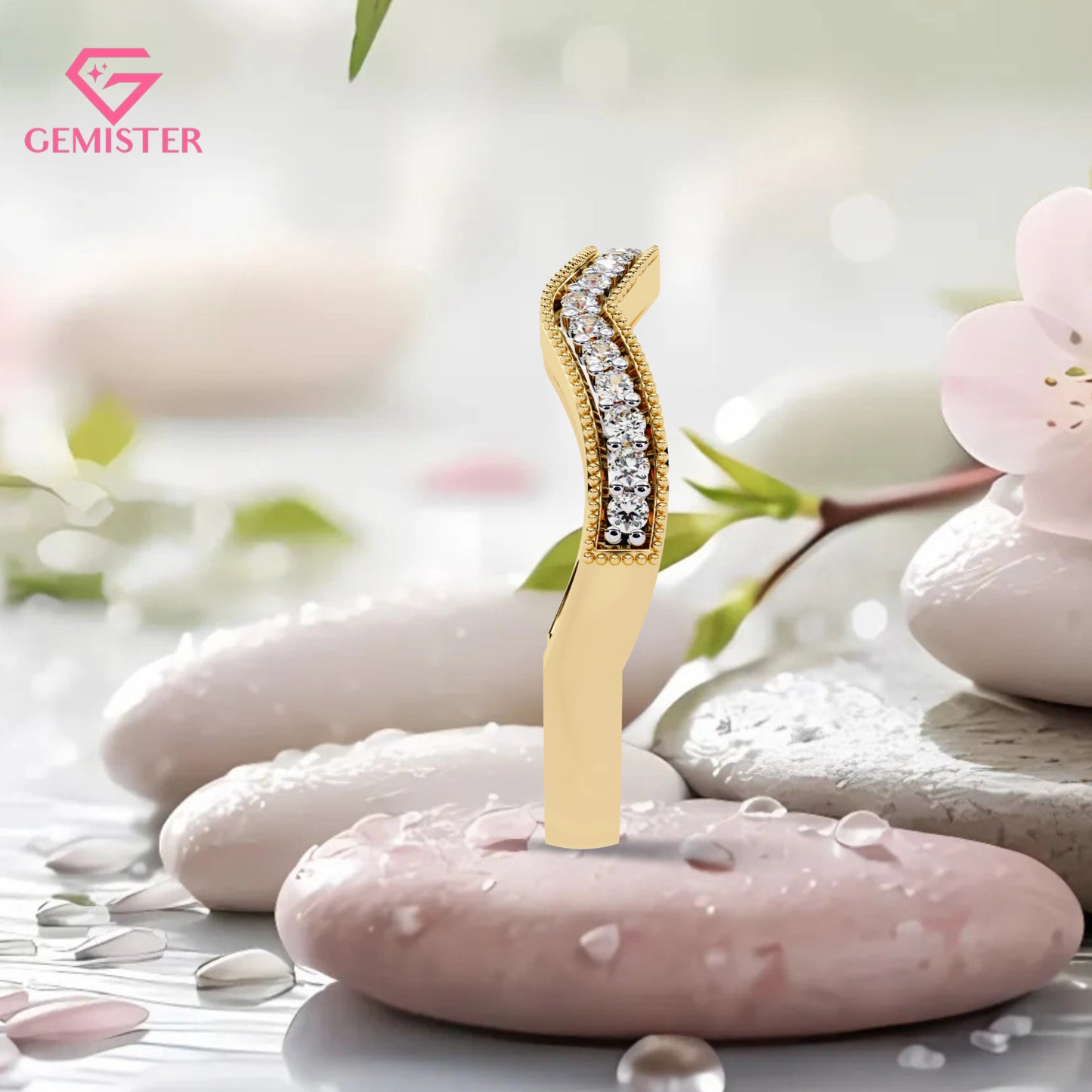 0.15 CT Moissanite Curved Wedding Band – Gold Milgrain Contour Stacking Bridal Band