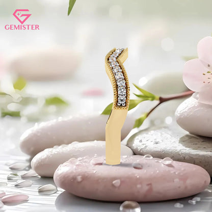 0.15 CT Moissanite Curved Wedding Band – Gold Milgrain Contour Stacking Bridal Band