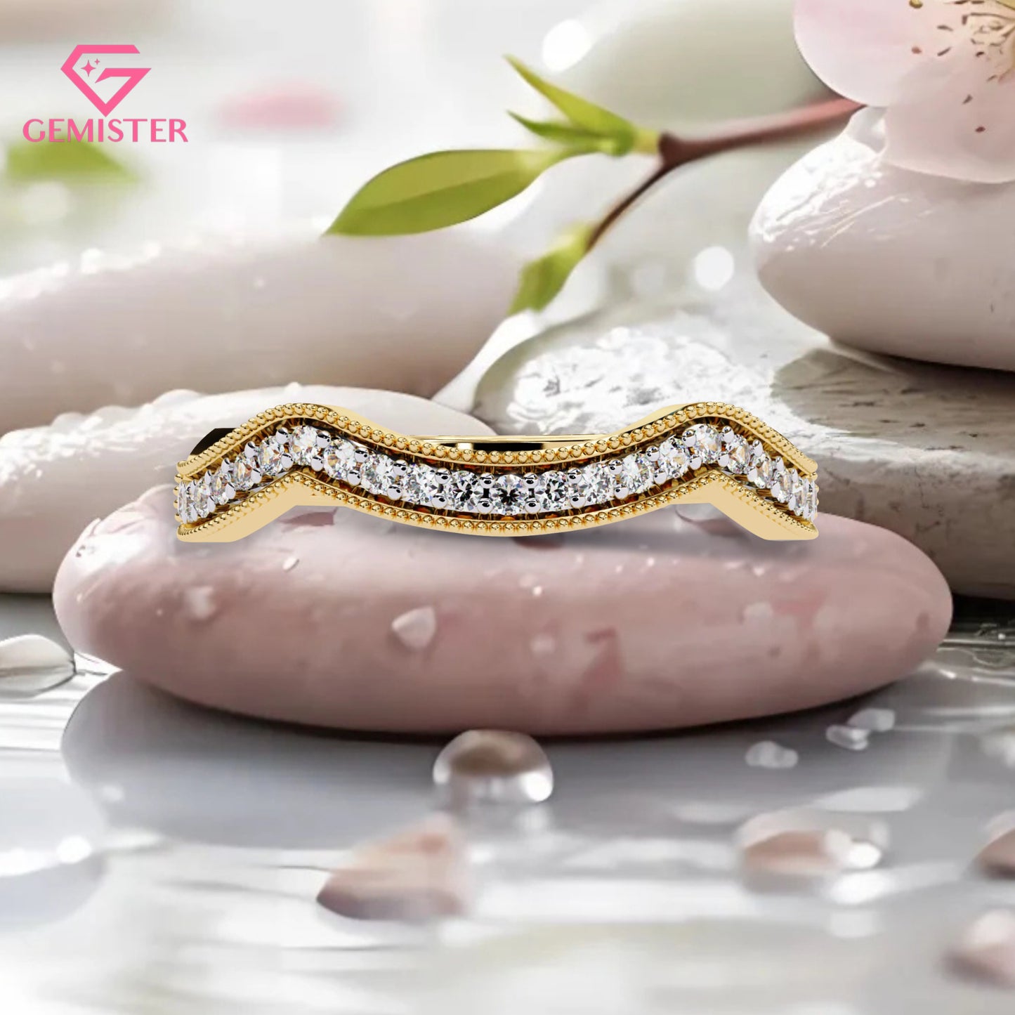 0.15 CT Moissanite Curved Wedding Band – Gold Milgrain Contour Stacking Bridal Band