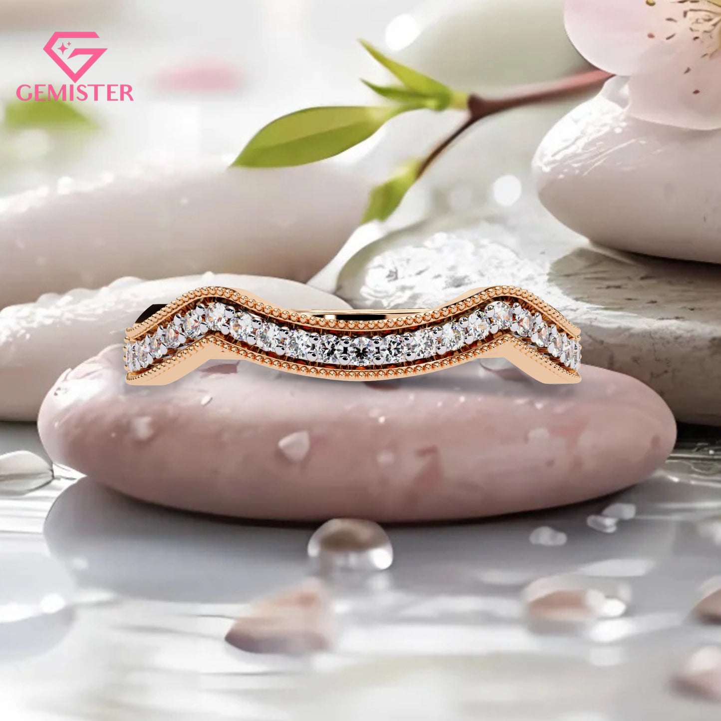 0.15 CT Moissanite Curved Wedding Band – Gold Milgrain Contour Stacking Bridal Band