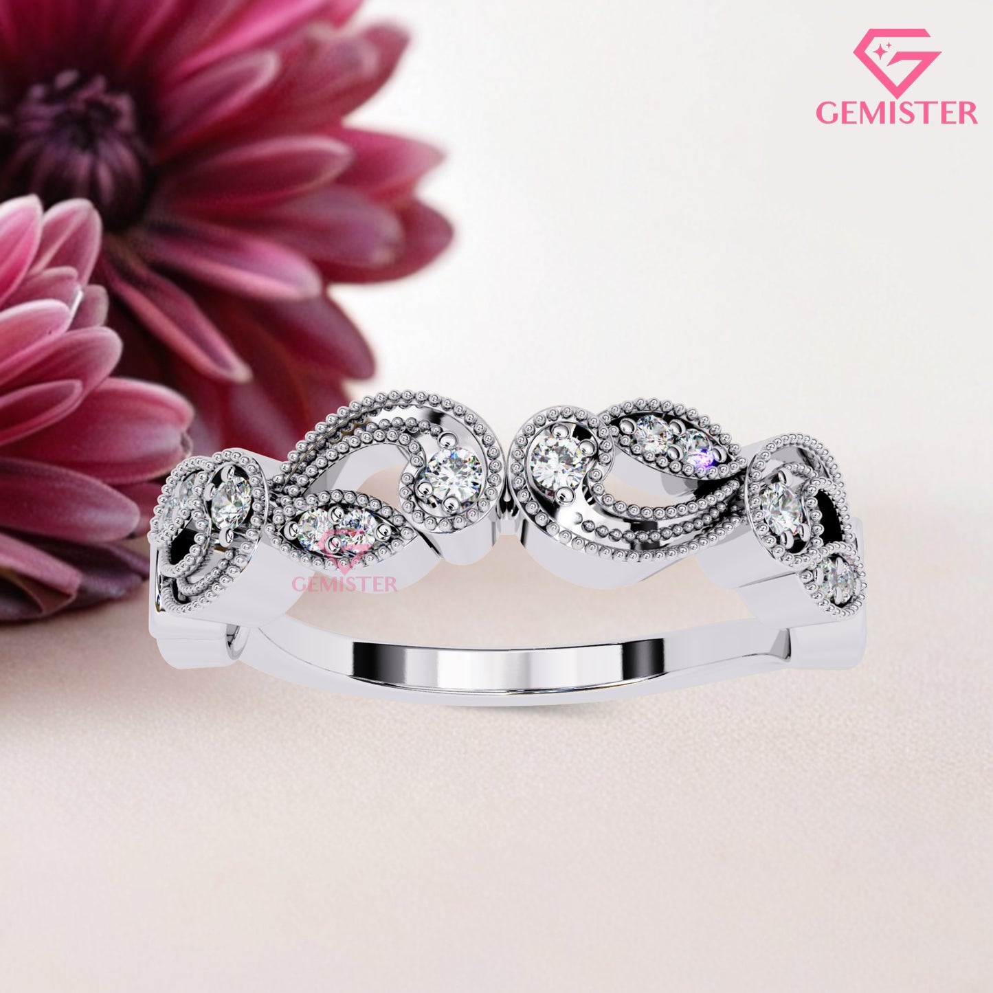 Vintage Leaf & Vine Moissanite Band – 0.11 CT Gold Milgrain Eternity Ring, Nature Inspired Wedding Band, Dainty Anniversary Jewelry