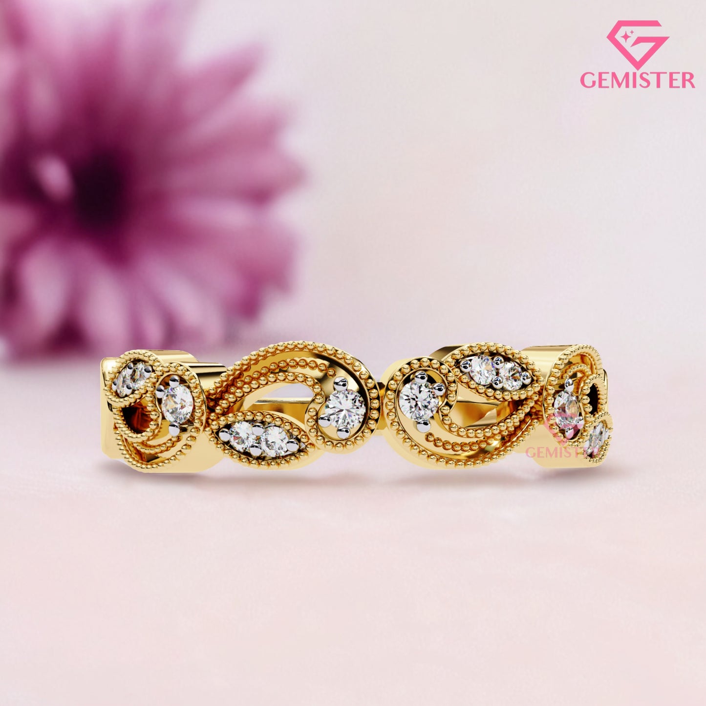 Vintage Leaf & Vine Moissanite Band – 0.11 CT Gold Milgrain Eternity Ring, Nature Inspired Wedding Band, Dainty Anniversary Jewelry