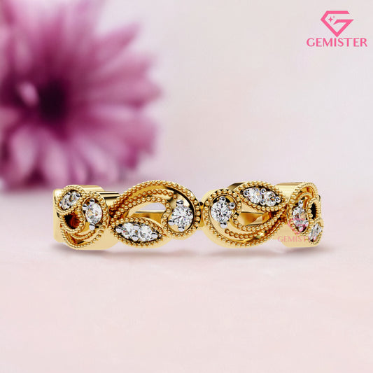 0.11 CT Lab Grown Diamond Vintage Leaf & Vine Band –  Milgrain Eternity Ring, Nature Inspired Wedding Band