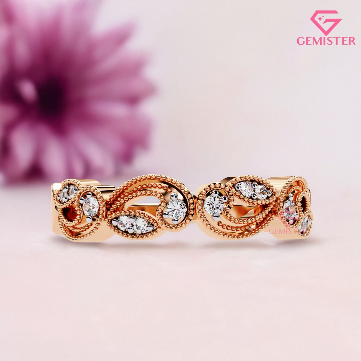 Vintage Leaf & Vine Moissanite Band – 0.11 CT Gold Milgrain Eternity Ring, Nature Inspired Wedding Band, Dainty Anniversary Jewelry