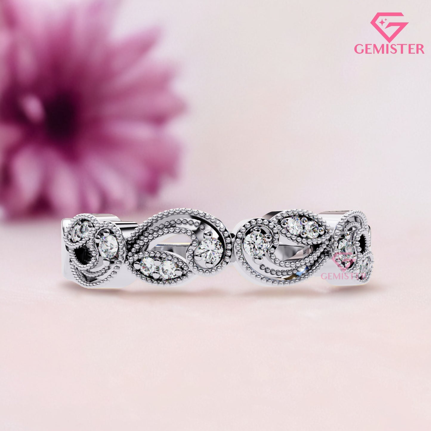 Vintage Leaf & Vine Moissanite Band – 0.11 CT Gold Milgrain Eternity Ring, Nature Inspired Wedding Band, Dainty Anniversary Jewelry