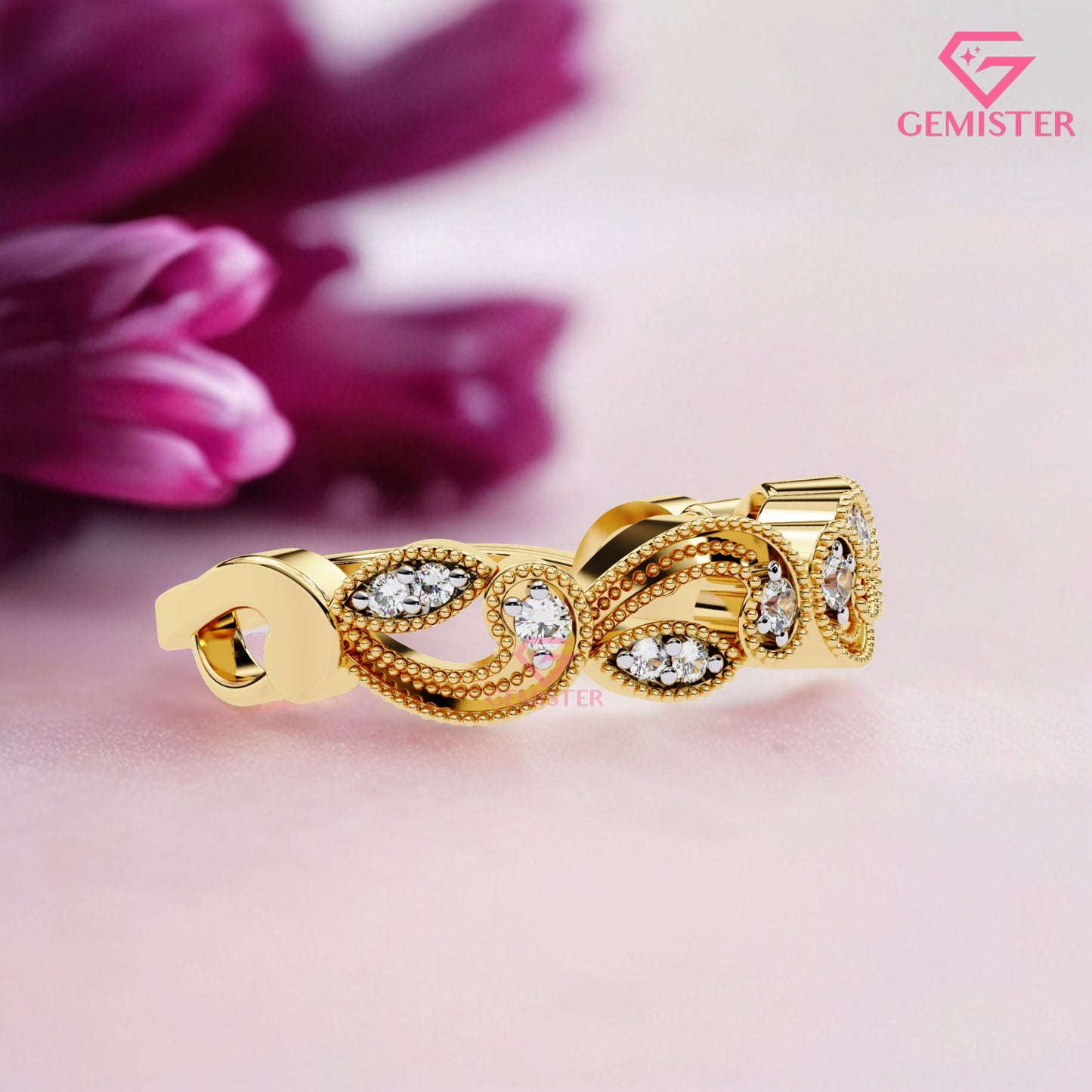 Vintage Leaf & Vine Moissanite Band – 0.11 CT Gold Milgrain Eternity Ring, Nature Inspired Wedding Band, Dainty Anniversary Jewelry