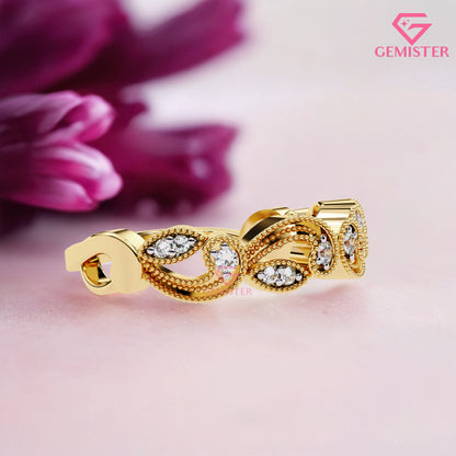 Vintage Leaf & Vine Moissanite Band – 0.11 CT Gold Milgrain Eternity Ring, Nature Inspired Wedding Band, Dainty Anniversary Jewelry