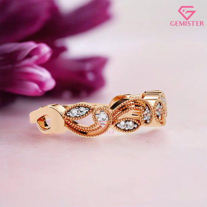 Vintage Leaf & Vine Moissanite Band – 0.11 CT Gold Milgrain Eternity Ring, Nature Inspired Wedding Band, Dainty Anniversary Jewelry