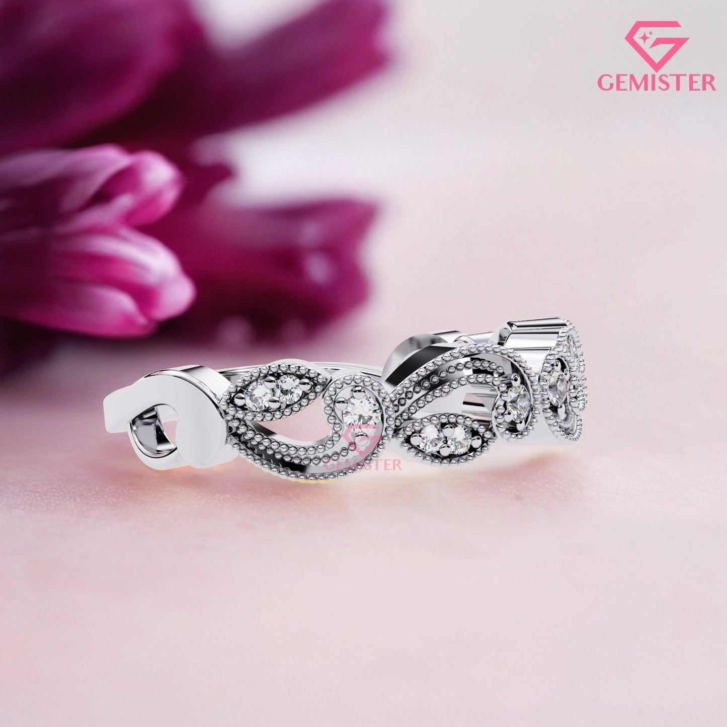 Vintage Leaf & Vine Moissanite Band – 0.11 CT Gold Milgrain Eternity Ring, Nature Inspired Wedding Band, Dainty Anniversary Jewelry