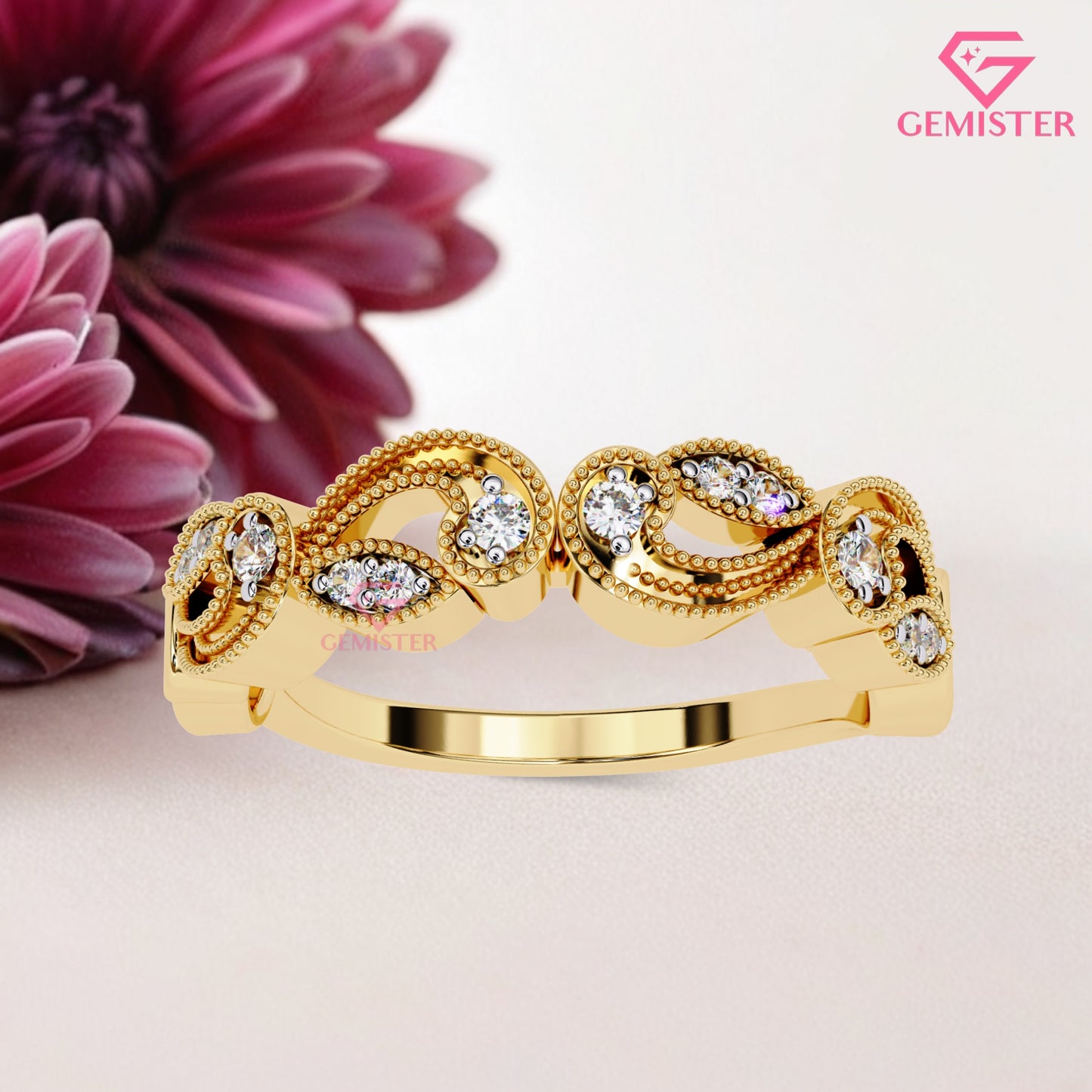 Vintage Leaf & Vine Moissanite Band – 0.11 CT Gold Milgrain Eternity Ring, Nature Inspired Wedding Band, Dainty Anniversary Jewelry