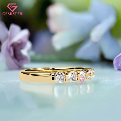 0.51 CT Five Stone Lab Grown Diamond Band – Round Cut Anniversary Ring, Half Eternity Wedding Band, Dainty Wedding Band