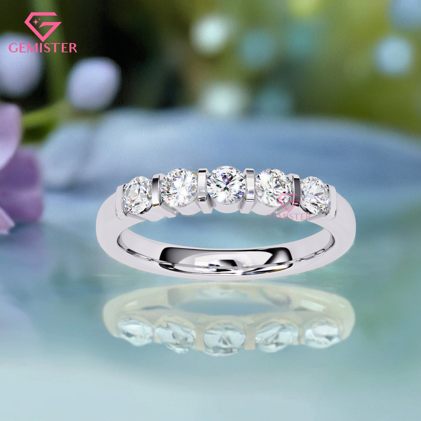 0.51 CT Five Stone Lab Grown Diamond Band – Round Cut Anniversary Ring, Half Eternity Wedding Band, Dainty Wedding Band