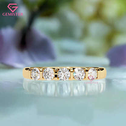 0.51 CT Five Stone Lab Grown Diamond Band – Round Cut Anniversary Ring, Half Eternity Wedding Band, Dainty Wedding Band