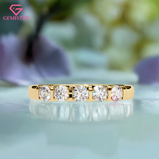 0.51 CT Five Stone Lab Grown Diamond Band – Round Cut Anniversary Ring, Half Eternity Wedding Band, Dainty Wedding Band