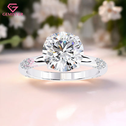 2.85 Ct Round Cut Lab Grown Diamond Engagement Ring – Solitaire with Side Accents Promise Ring