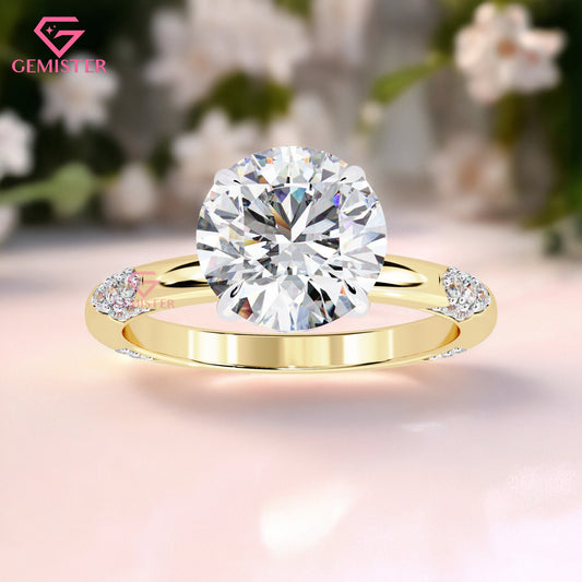 2.85 Ct Round Cut Moissanite Engagement Ring – Solitaire with Side Accents in Yellow Gold, Timeless Anniversary or Promise Ring for Women