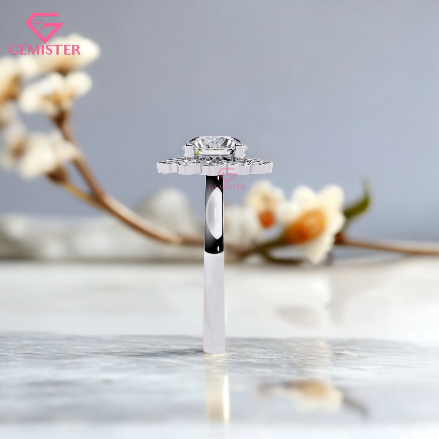 1.61 CT Floral Halo Lab Grown Diamond Engagement Ring – Round Cut Cluster Design Vintage Flower Inspired Statement Jewelry