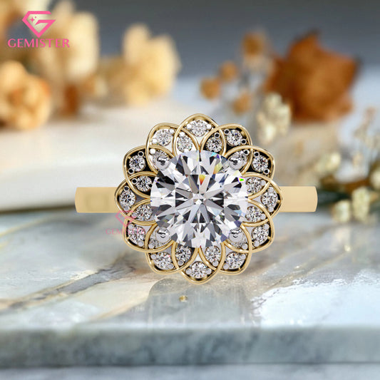 1.61 CT Floral Halo Moissanite Engagement Ring – Round Cut Cluster Design Vintage Flower Inspired Statement Jewelry