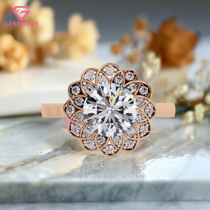 1.61 CT Floral Halo Lab Grown Diamond Engagement Ring – Round Cut Cluster Design Vintage Flower Inspired Statement Jewelry