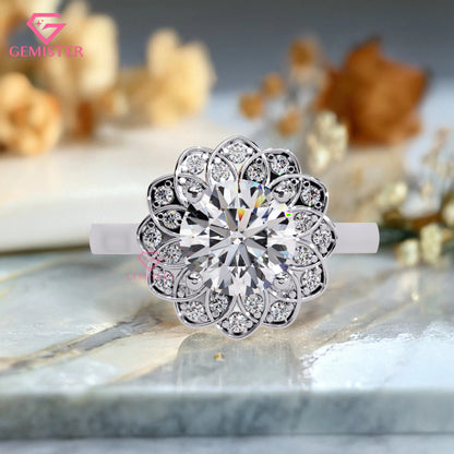 1.61 CT Floral Halo Lab Grown Diamond Engagement Ring – Round Cut Cluster Design Vintage Flower Inspired Statement Jewelry