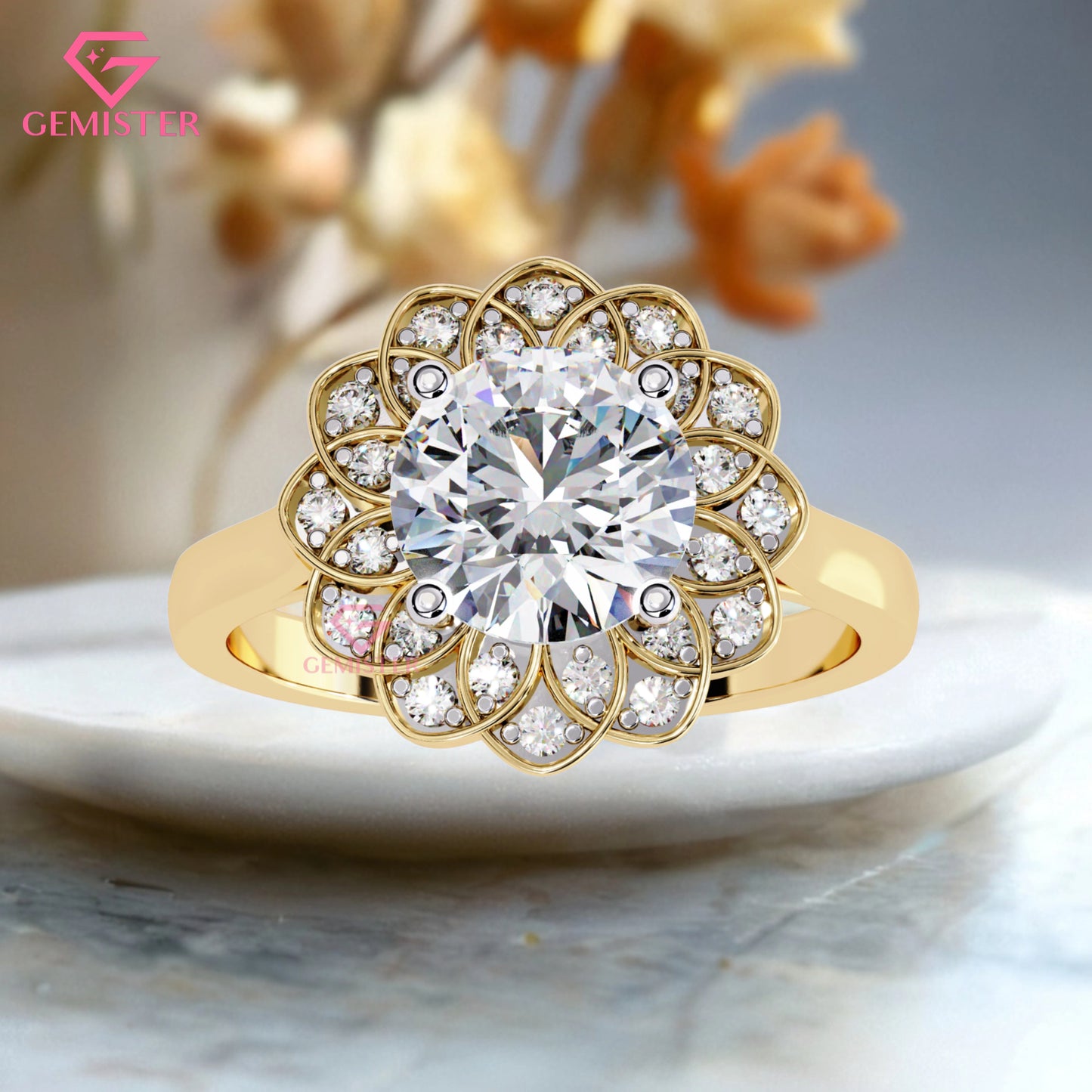 1.61 CT Floral Halo Lab Grown Diamond Engagement Ring – Round Cut Cluster Design Vintage Flower Inspired Statement Jewelry