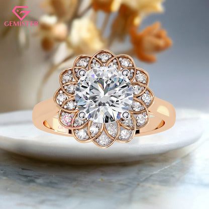 1.61 CT Floral Halo Lab Grown Diamond Engagement Ring – Round Cut Cluster Design Vintage Flower Inspired Statement Jewelry